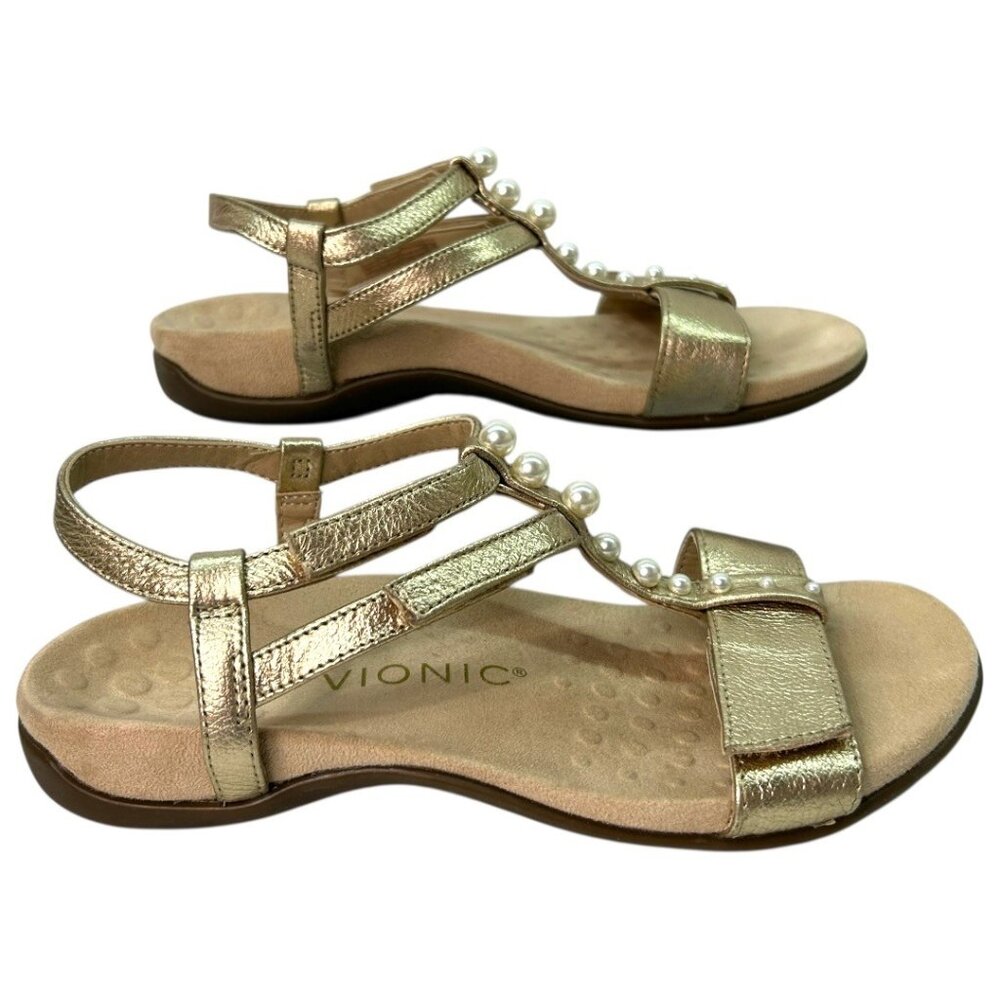 Vionic‎ Mikah Women's Adjustable T-Strap Gold Beaded Orthotic Sandals - Size 6